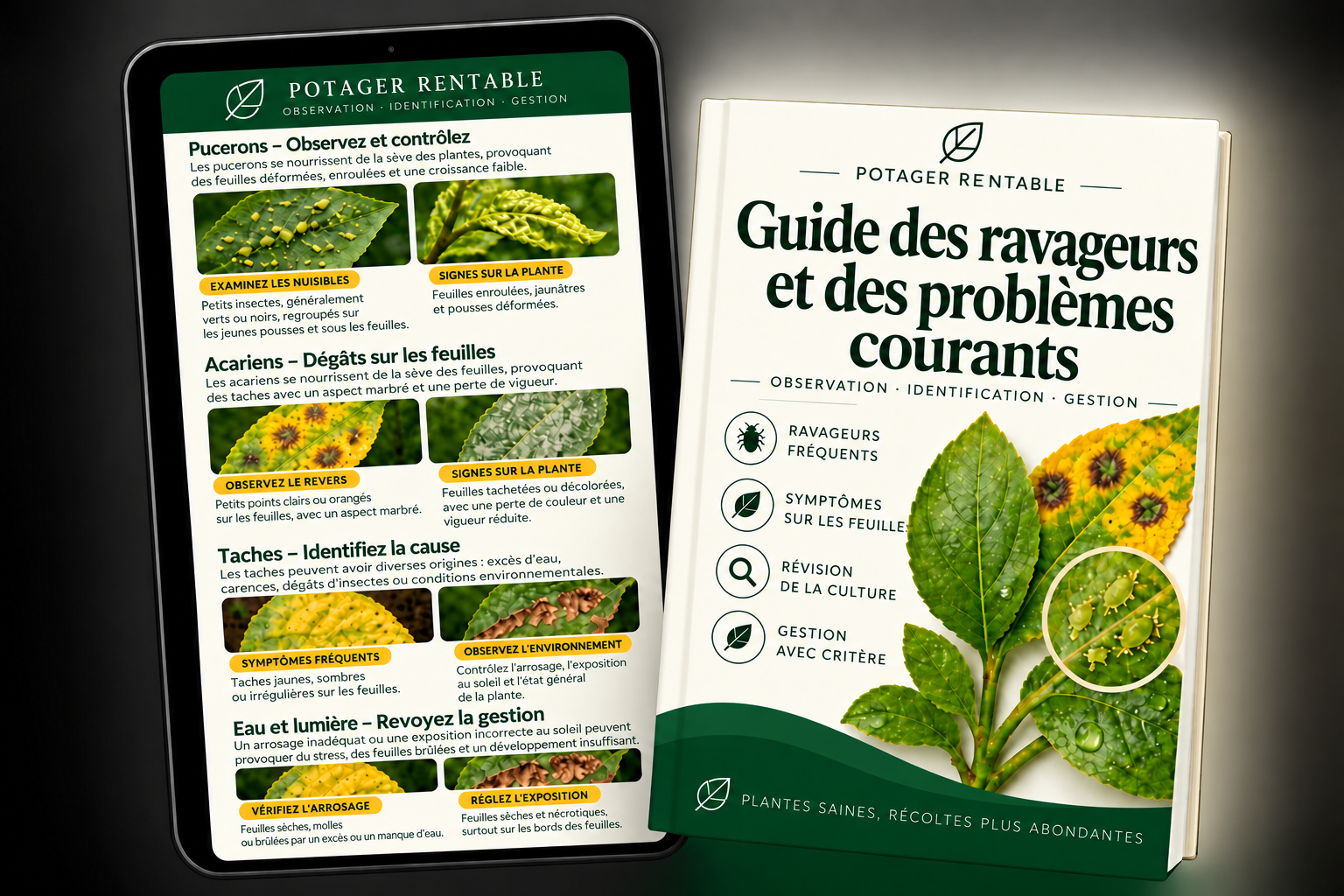 Guide des ravageurs et des problèmes courants sur livre et tablette