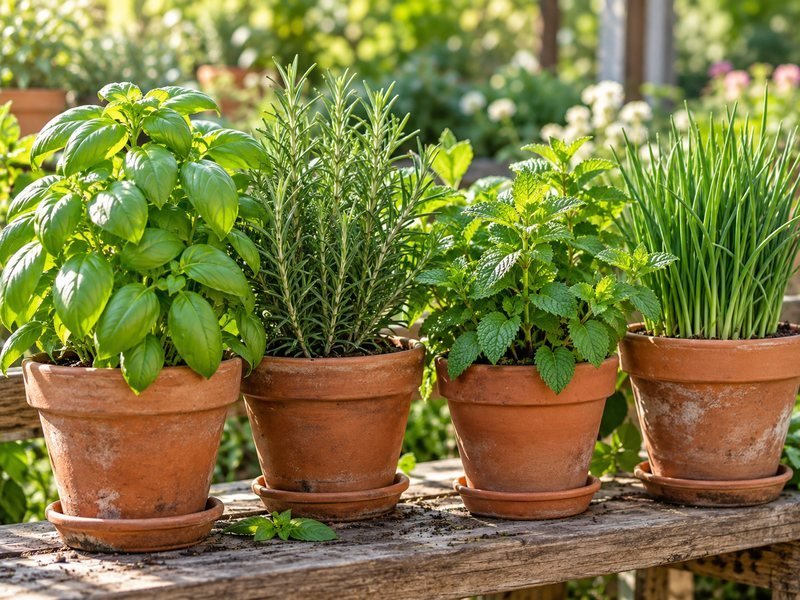 Basilic, romarin, menthe et ciboulette en pots