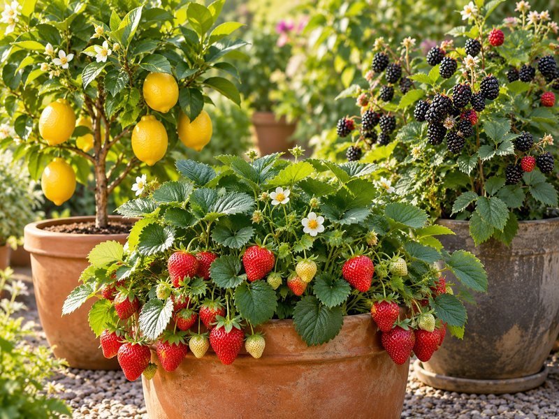 Fraises, citron et petits fruits en pot